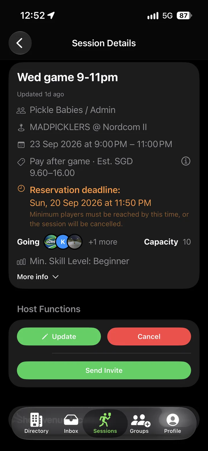 uDink session details showing a reservation deadline, player capacity and host controls